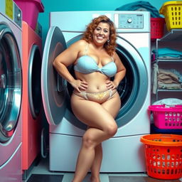 A humorous scene featuring a curvy woman in a playful outfit consisting of a short mini skirt and a thong, playfully stuck in a washing machine