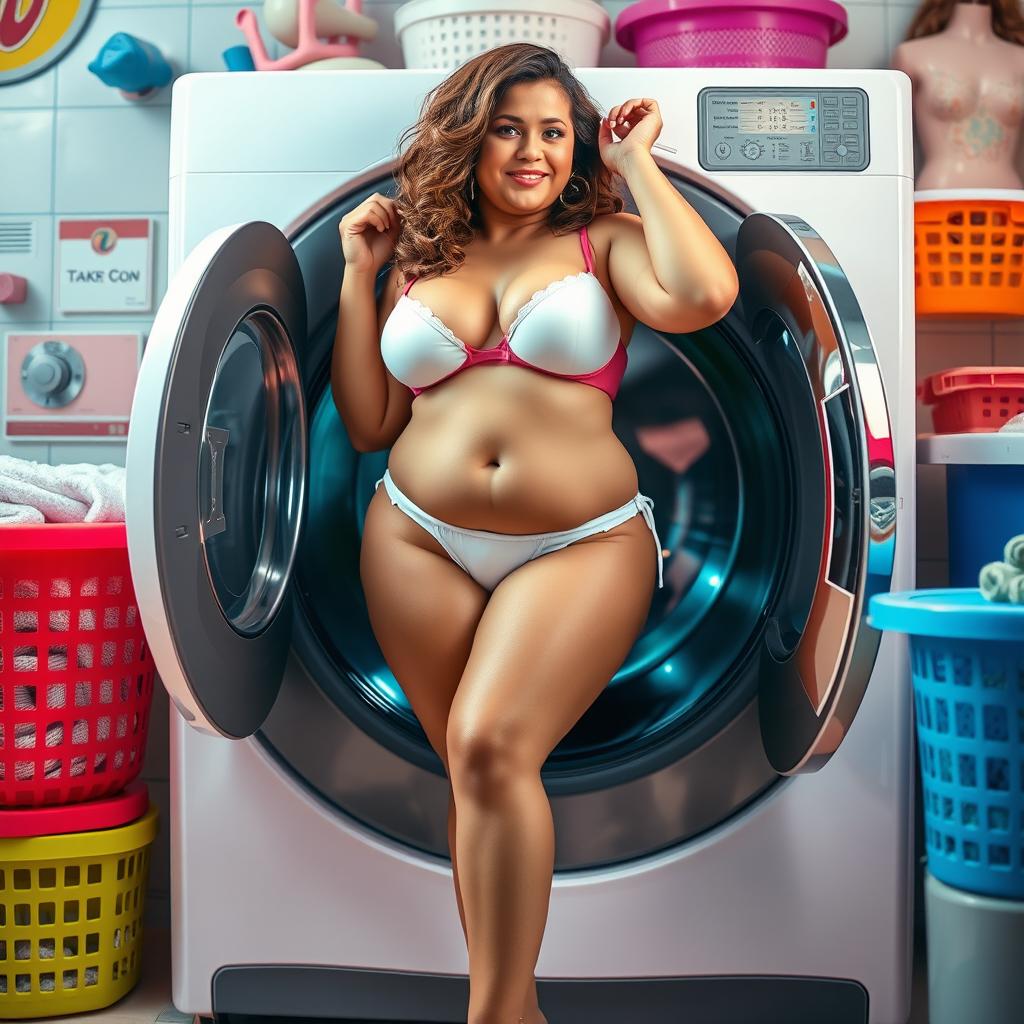 A humorous scene featuring a curvy woman in a playful outfit consisting of a short mini skirt and a thong, playfully stuck in a washing machine