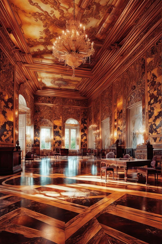 A detailed and realistic digital rendering of the Amber Room in Prussia