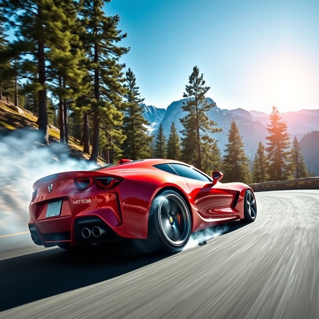 A high-energy scene featuring a sleek, modern sports car drifting on a winding mountain road