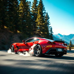 A high-energy scene featuring a sleek, modern sports car drifting on a winding mountain road