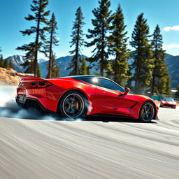 A high-energy scene featuring a sleek, modern sports car drifting on a winding mountain road