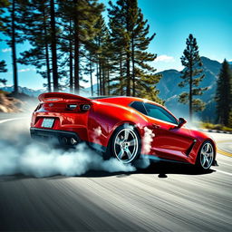 A high-energy scene featuring a sleek, modern sports car drifting on a winding mountain road