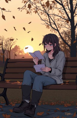 A poignant scene depicting a broken-hearted person sitting alone on a park bench with a soft autumn sunset in the background