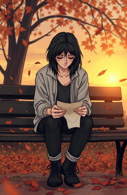 A poignant scene depicting a broken-hearted person sitting alone on a park bench with a soft autumn sunset in the background