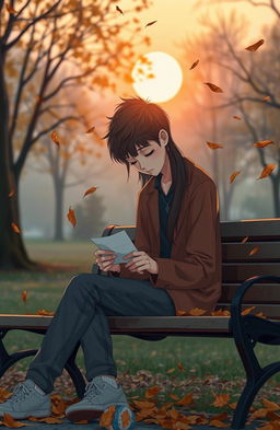 A poignant scene depicting a broken-hearted person sitting alone on a park bench with a soft autumn sunset in the background