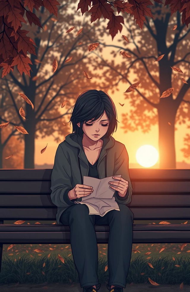 A poignant scene depicting a broken-hearted person sitting alone on a park bench with a soft autumn sunset in the background