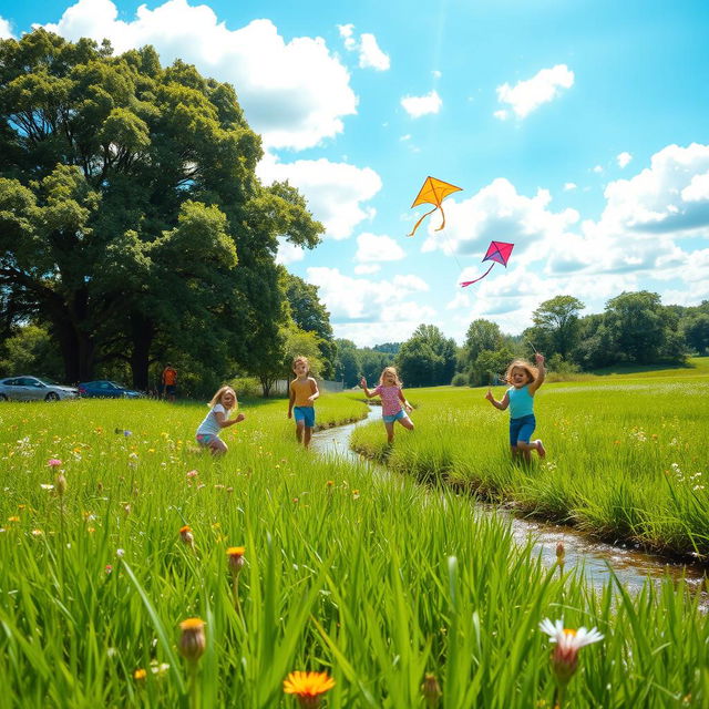 A serene landscape with fields of vibrant green grass swaying in the wind, dotted with colorful wildflowers