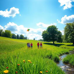 A serene landscape with fields of vibrant green grass swaying in the wind, dotted with colorful wildflowers