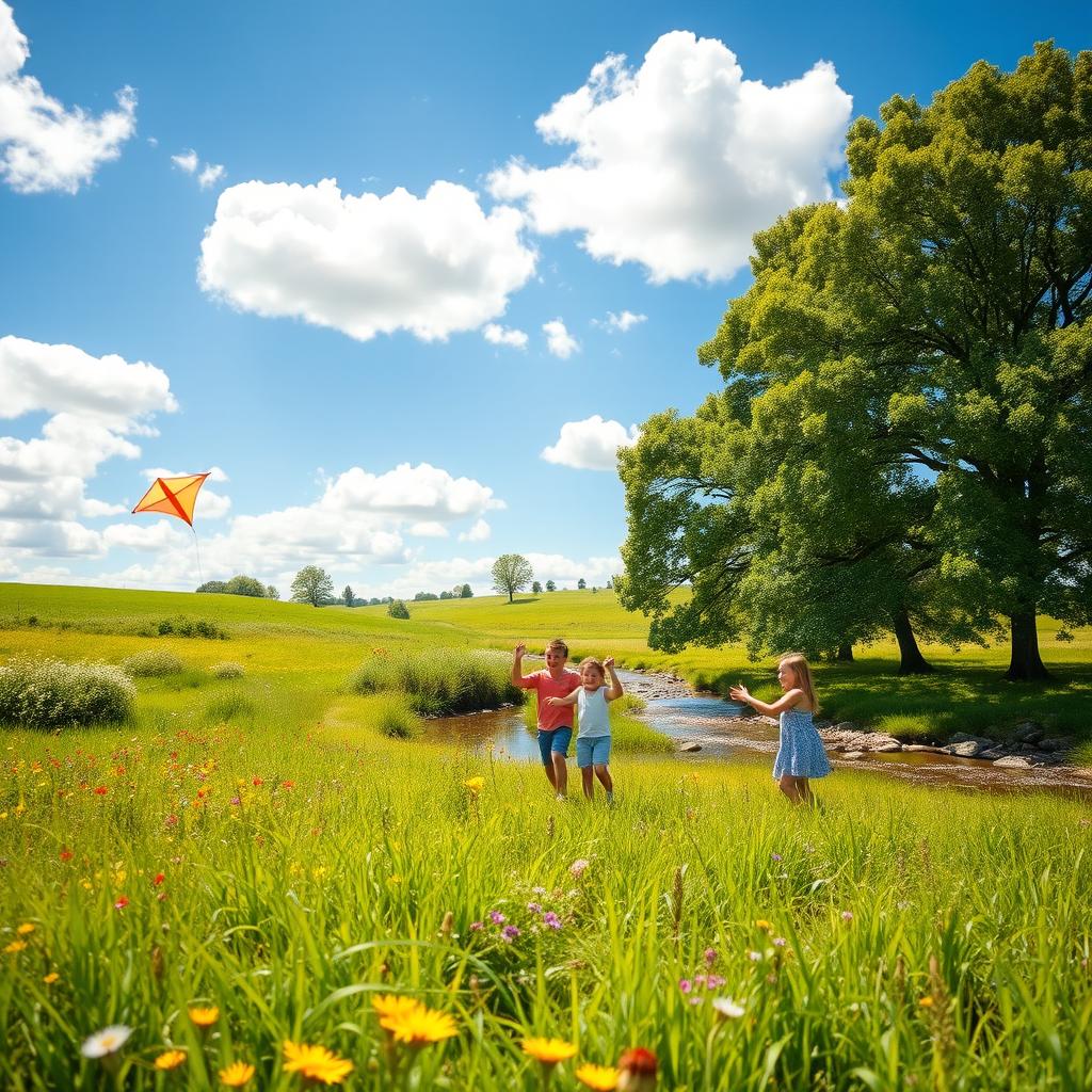 A serene landscape with fields of vibrant green grass swaying in the wind, dotted with colorful wildflowers