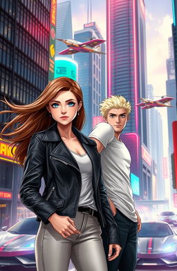 A girl with flowing brown hair wearing a sleek black leather jacket stands confidently beside a blond guy in a fitted white T-shirt