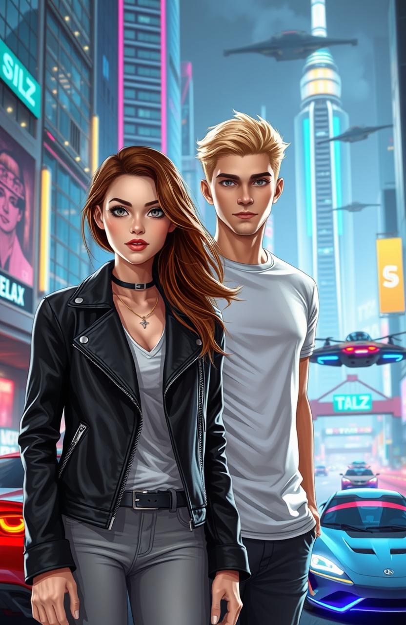 A girl with flowing brown hair wearing a sleek black leather jacket stands confidently beside a blond guy in a fitted white T-shirt