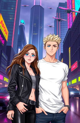 A girl with flowing brown hair wearing a sleek black leather jacket stands confidently beside a blond guy in a fitted white T-shirt
