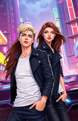 A girl with flowing brown hair wearing a sleek black leather jacket stands confidently beside a blond guy in a fitted white T-shirt