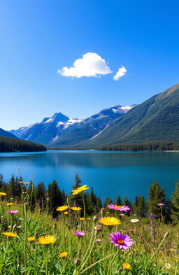 A serene nature scene featuring a tranquil blue lake surrounded by lush green forests under a clear blue sky