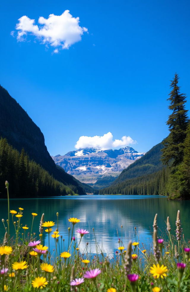 A serene nature scene featuring a tranquil blue lake surrounded by lush green forests under a clear blue sky