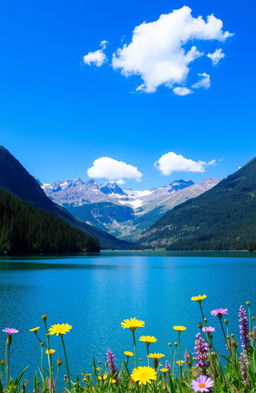 A serene nature scene featuring a tranquil blue lake surrounded by lush green forests under a clear blue sky