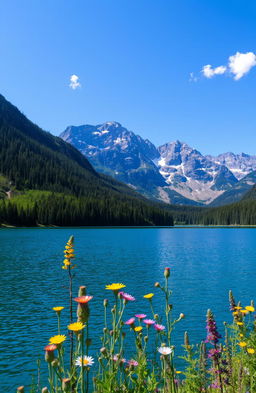 A serene nature scene featuring a tranquil blue lake surrounded by lush green forests under a clear blue sky