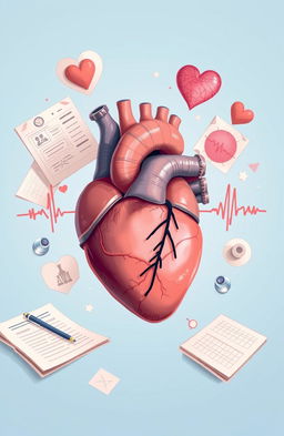 A detailed and artistic illustration representing the concept of a heart anamnesis, showcasing a human heart surrounded by symbolic elements such as medical records, notes, and diagrams