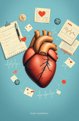 A detailed and artistic illustration representing the concept of a heart anamnesis, showcasing a human heart surrounded by symbolic elements such as medical records, notes, and diagrams
