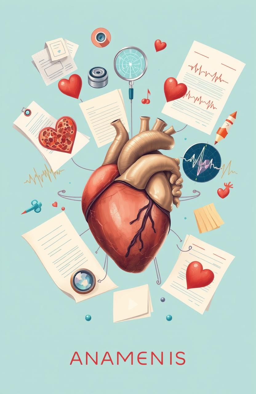 A detailed and artistic illustration representing the concept of a heart anamnesis, showcasing a human heart surrounded by symbolic elements such as medical records, notes, and diagrams