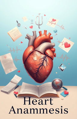 A detailed and artistic illustration representing the concept of a heart anamnesis, showcasing a human heart surrounded by symbolic elements such as medical records, notes, and diagrams