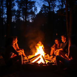 The bright, mesmerizing flames of a bonfire glowing amidst a serene forest setting at twilight, with vibrant colors reflecting off the surrounding trees and a group of friends sitting around it, sharing stories and laughter