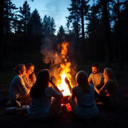 The bright, mesmerizing flames of a bonfire glowing amidst a serene forest setting at twilight, with vibrant colors reflecting off the surrounding trees and a group of friends sitting around it, sharing stories and laughter