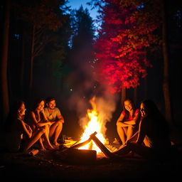 The bright, mesmerizing flames of a bonfire glowing amidst a serene forest setting at twilight, with vibrant colors reflecting off the surrounding trees and a group of friends sitting around it, sharing stories and laughter