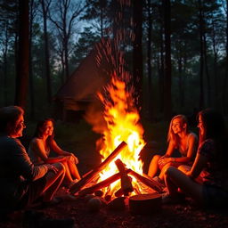 The bright, mesmerizing flames of a bonfire glowing amidst a serene forest setting at twilight, with vibrant colors reflecting off the surrounding trees and a group of friends sitting around it, sharing stories and laughter