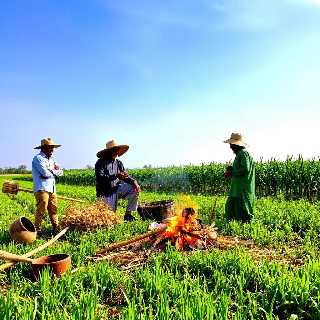 Exploring the benefits of burning parali (straw) in an agricultural setting, showcasing the process of burning straw in a controlled and environmentally friendly manner