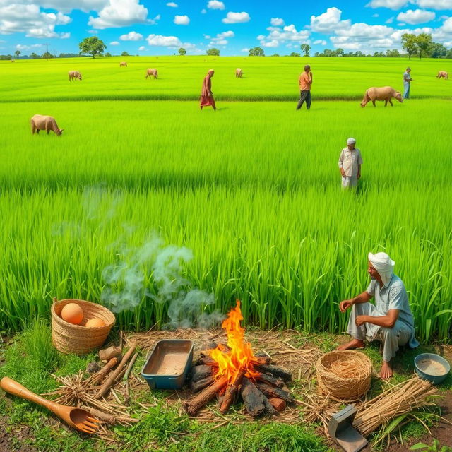 Exploring the benefits of burning parali (straw) in an agricultural setting, showcasing the process of burning straw in a controlled and environmentally friendly manner