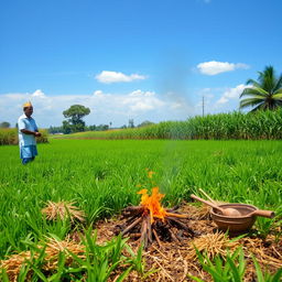 Exploring the benefits of burning parali (straw) in an agricultural setting, showcasing the process of burning straw in a controlled and environmentally friendly manner