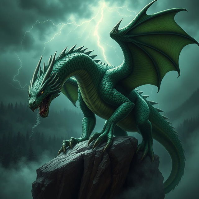 An imposing adult green dragon with scales that glisten in shades of emerald and forest green, its eyes piercing and fierce, exuding an aura of malevolence