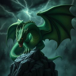 An imposing adult green dragon with scales that glisten in shades of emerald and forest green, its eyes piercing and fierce, exuding an aura of malevolence