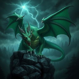 An imposing adult green dragon with scales that glisten in shades of emerald and forest green, its eyes piercing and fierce, exuding an aura of malevolence