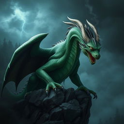 An imposing adult green dragon with scales that glisten in shades of emerald and forest green, its eyes piercing and fierce, exuding an aura of malevolence