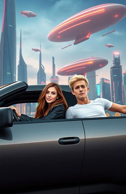 A girl with long brown hair, wearing a stylish black leather jacket, is sitting confidently in the driver seat of a sleek, modern pickup truck
