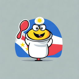 A fun, cartoon-style logo featuring a characterised 3D frying pan with a face, hands, and legs, posed confidently in front of a proudly displayed Philippine flag