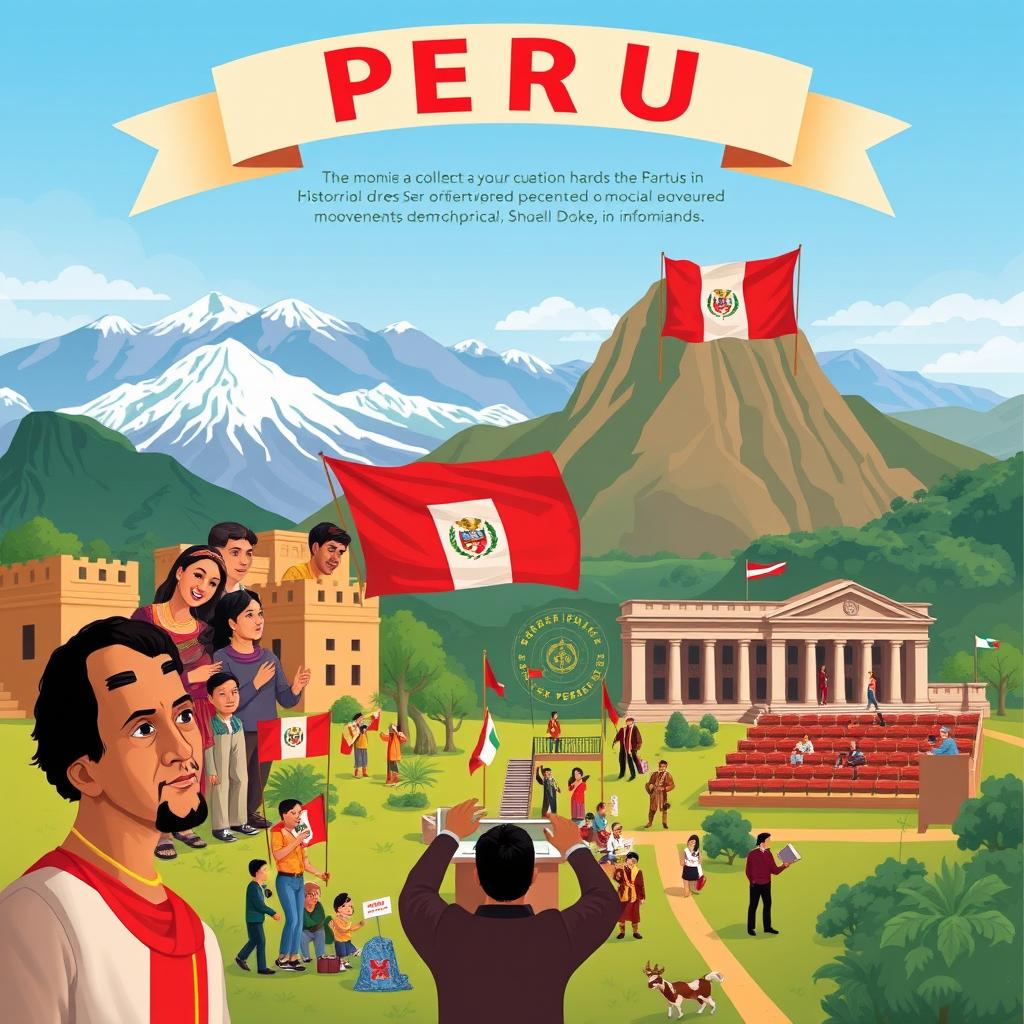 An insightful and educational illustration depicting key moments in Peruvian political history, highlighting important figures such as historical leaders, revolutionaries, and social movements