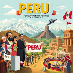 An insightful and educational illustration depicting key moments in Peruvian political history, highlighting important figures such as historical leaders, revolutionaries, and social movements