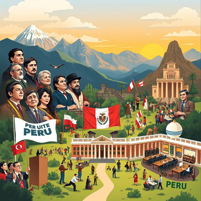 An insightful and educational illustration depicting key moments in Peruvian political history, highlighting important figures such as historical leaders, revolutionaries, and social movements