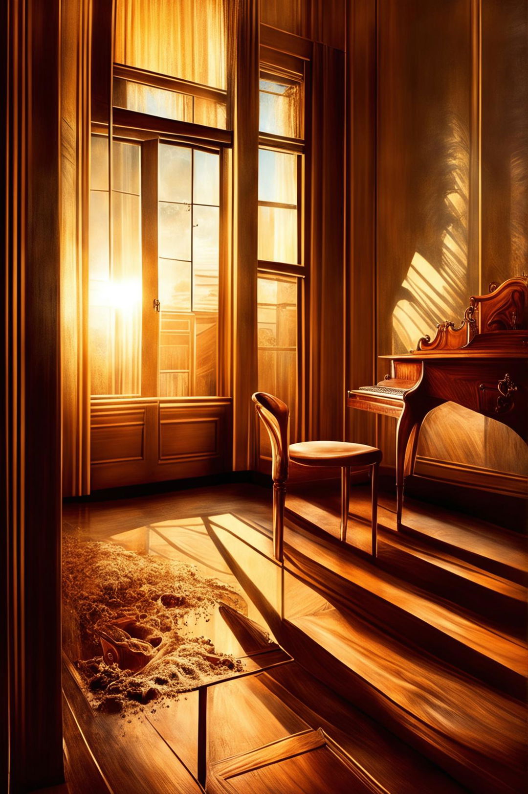 A high-quality digital art image of an amber-hued room bathed in the warm glow of the golden hour