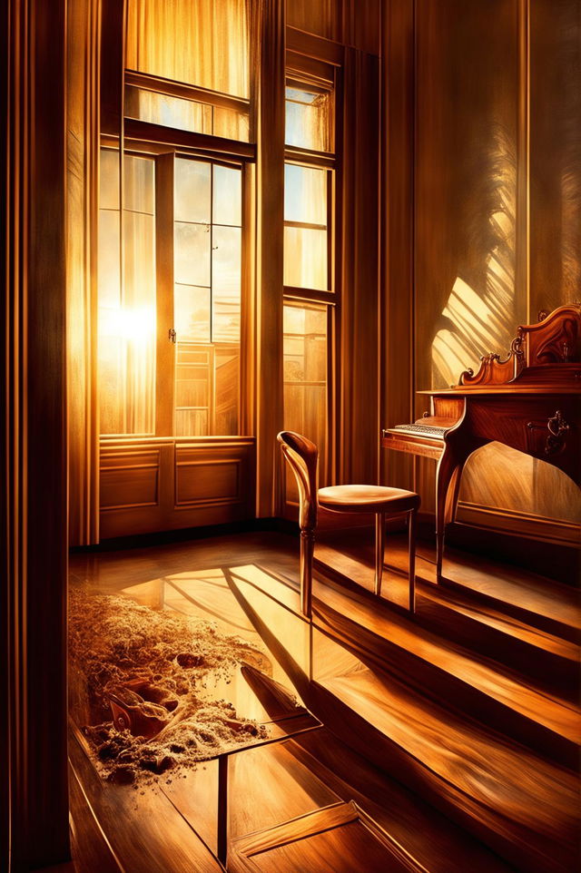 A high-quality digital art image of an amber-hued room bathed in the warm glow of the golden hour