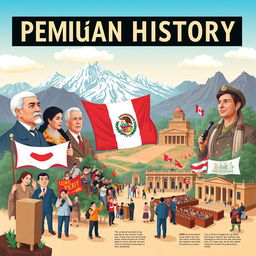 An insightful and educational illustration depicting key moments in Peruvian political history, highlighting important figures such as historical leaders, revolutionaries, and social movements