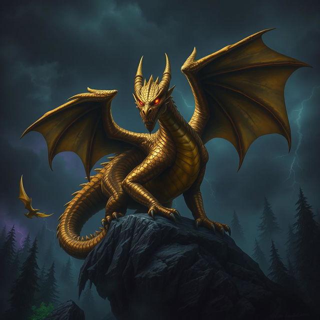 An adult gold dragon with an evil, sinister expression, showcasing its shimmering scales in shades of deep gold and bronze