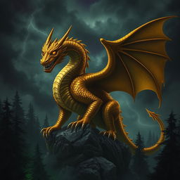 An adult gold dragon with an evil, sinister expression, showcasing its shimmering scales in shades of deep gold and bronze