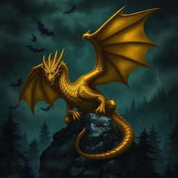 An adult gold dragon with an evil, sinister expression, showcasing its shimmering scales in shades of deep gold and bronze