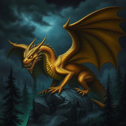 An adult gold dragon with an evil, sinister expression, showcasing its shimmering scales in shades of deep gold and bronze