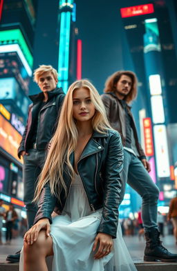 A girl with long, flowing blond hair wearing a stylish leather jacket sits confidently in a beautiful white dress